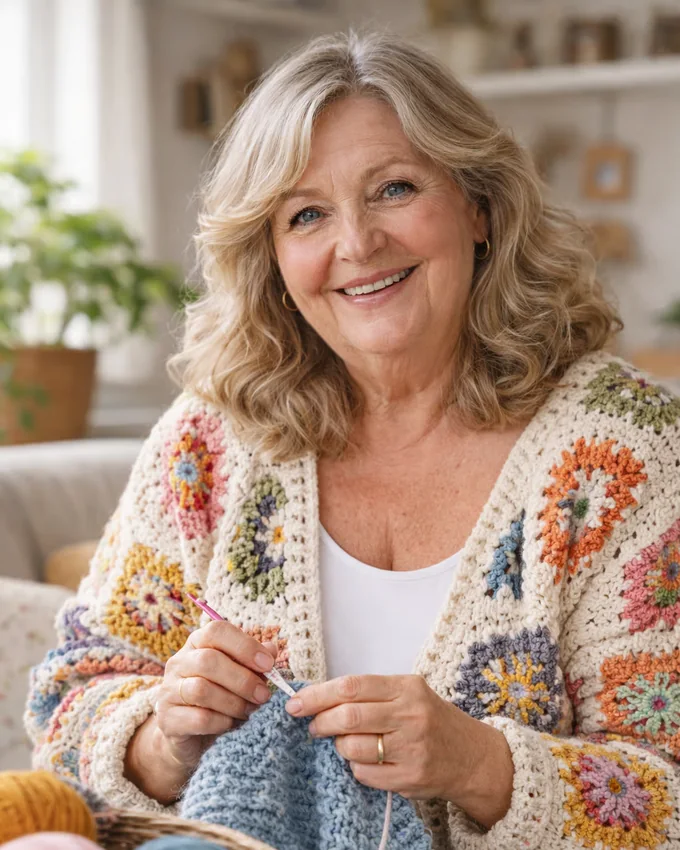 Mila Bloem van Handig Haken, hakend in haar woonkamer